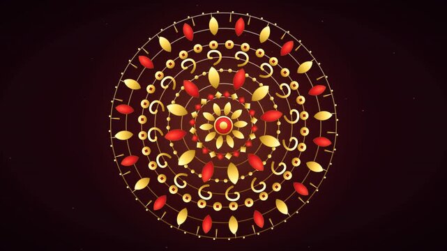 Hypnotic Slow Rotation of Complex Glowing Red and Gold Traditional Mandala Shou Symbol
