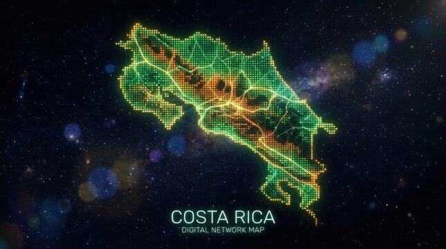 Glowing Digital Map of Costa Rica Represented by Connected Data Points in a Dark Futuristic Space