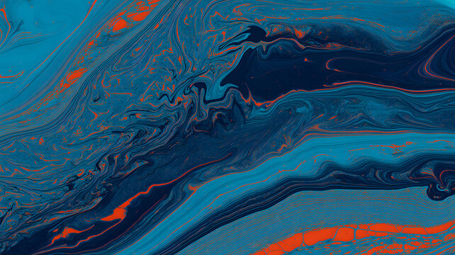 Swirling abstract pattern of deep blue and bright orange liquid paint fluid