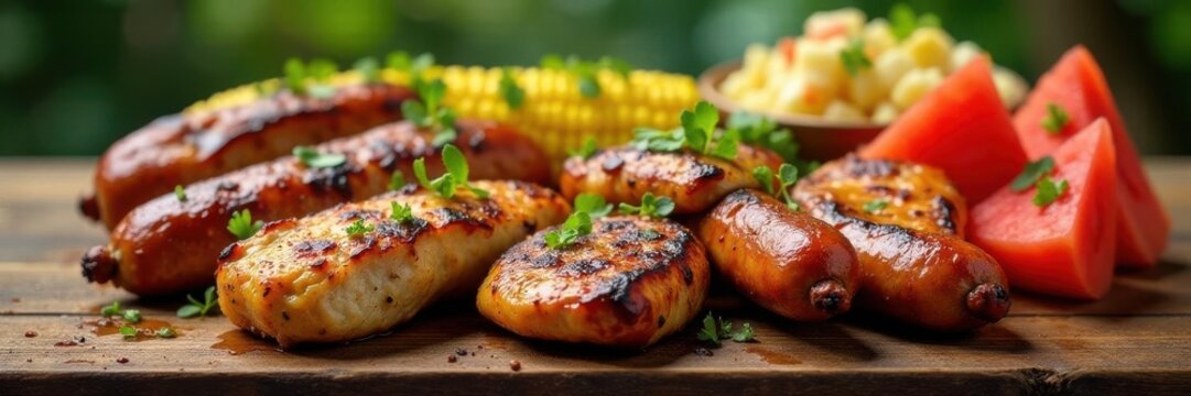 Grilled chicken, sausages, corn, watermelon, potato salad Summer BBQ feast on rustic wood , copy space, overhead shot, picnic