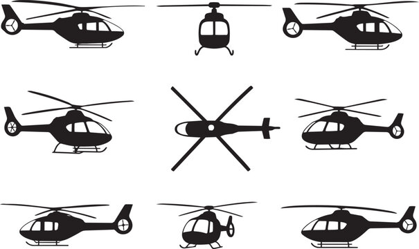 Set of black helicopter silhouettes in various flight angles