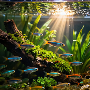 Hyper-realistic macro photography, close-up view of a lush tropical aquarium. Golden hour sunlight piercing through the water surface, creating dramatic god rays and caustics. Vibrant schools of Neon 