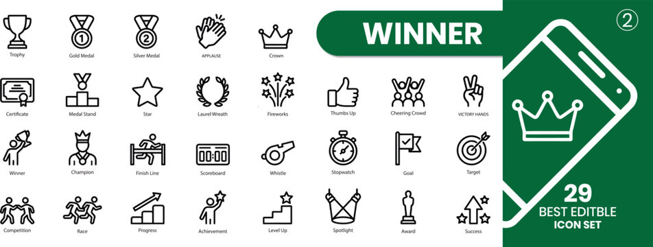 Winner icon set editable trophy medal and achievement icons. Exclusive benefit, prize, incentive, reward editable stroke outline icons set isolated on white background flat vector illustration. 