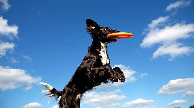 Black and white dog jumping upward to catch a bright orange flying disc frisbee against a clear blue sky with scattered clouds in a park during a sunny day.
