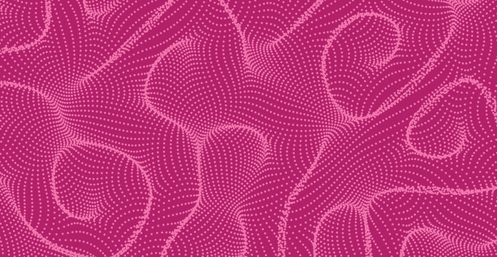 Digital particle flow form square pixel shape. Abstract wavy ripple surface. Burgundy futuristic dotted deformed dented web background. Vector psychedelic wallpaper