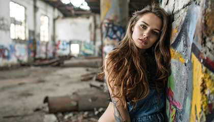Fototapeta premium Attractive young woman with messy hair leaning against a graffiti wall inside a deserted warehouse creating an introspective rebellious atmosphere generative AI
