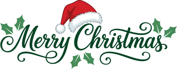 Merry christmas greeting with santa hat and decorative holly leaves illustration © md