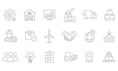 Fototapeta premium Industrial logistics and supply chain thin line icons set.Editable stroke, Vector illustration, Line art Icon, Symbols.