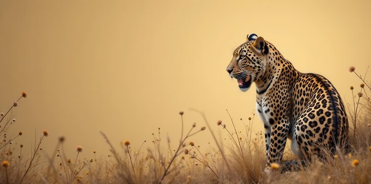 Dark brown and black leopard spots on beige background, textile, graphic