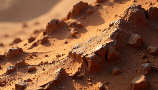 Close-up view of Martian rock formations, intricate textures visible, nature, formations