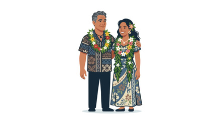 Fototapeta premium Happy polynesian couple in tropical summer outfits with flower leis