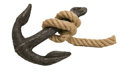 Dark metal anchor secured with thick natural fiber rope, isolated on transparent background © Timo