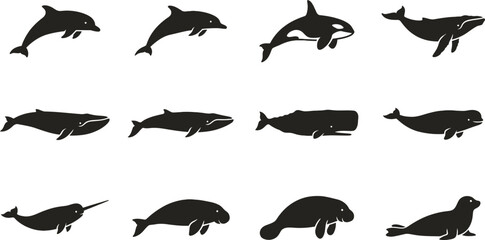 Set of black silhouettes of marine mammals and sea creatures. © jojo