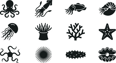 Set of various sea creatures and marine animals black silhouette icons. © jojo