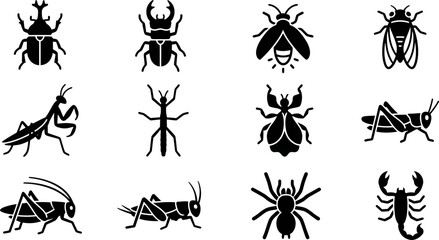 Collection of various insect and arachnid silhouette icons. © jojo