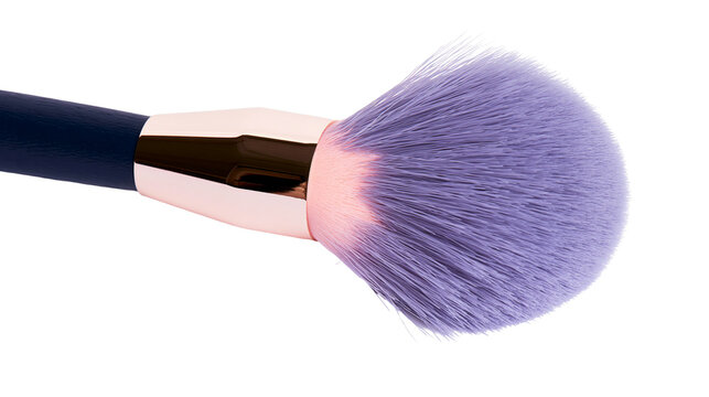 Fluffy purple makeup brush with rose gold ferrule and navy handle, isolated on transparent background