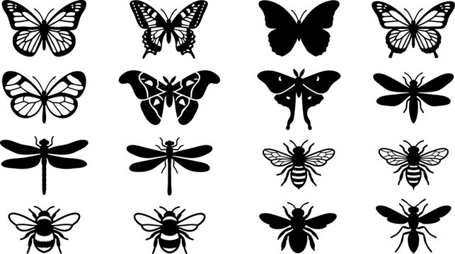 Set of black and white silhouettes of butterflies dragonflies and bees.