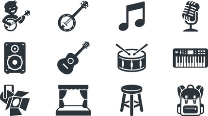 Set of black and white musical instrument and performance icons. © jojo