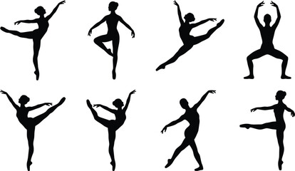  Classical ballet and contemporary dance silhouettes set featuring professional female ballerinas in graceful athletic poses © MdSohel