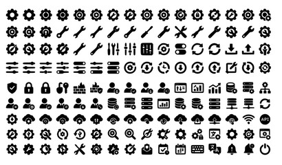 Obraz premium Blue System Configuration and Software Settings Icon Collection Flat IT UI Vector Set
