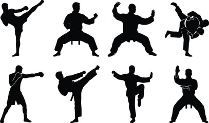 Martial arts fighters karate training boxing kick and judo combat poses black silhouettes vector icon set © MdSohel