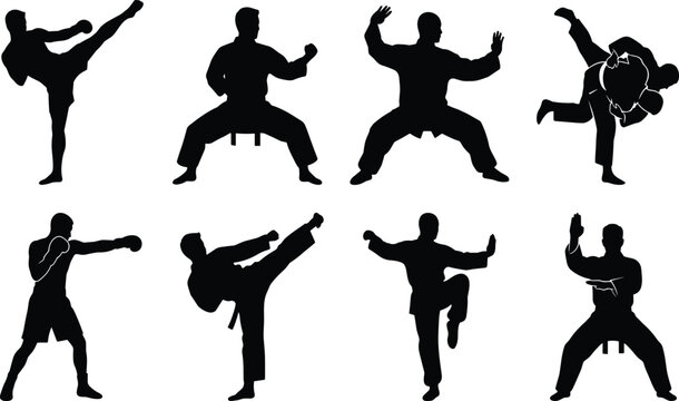 Martial arts fighters karate training boxing kick and judo combat poses black silhouettes vector icon set