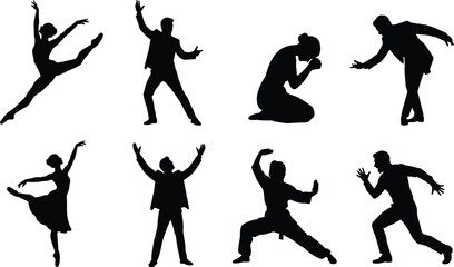  Performing arts and theatrical movement silhouettes set featuring ballet dancers actors and expressive martial arts poses © MdSohel