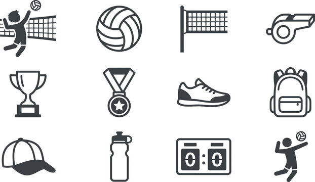 Set of black and white volleyball and sports related icons.