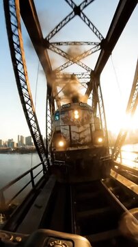 Train crosses metal bridge at sunset, steam engine approaching