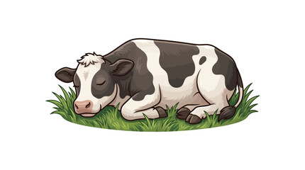 Cute Holstein Calf Sleeping Peacefully on Green Grass, Farm Animal Illustration © Sang