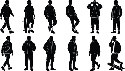 Men streetwear silhouettes set featuring various poses standing walking and casual urban fashion outfits © MdTuhin