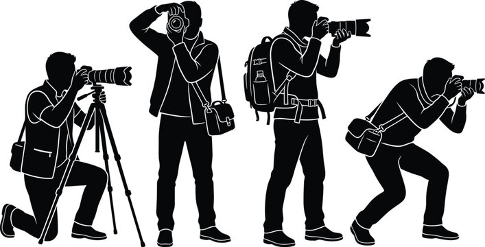 Photographer, camera crew, silhouette icons, black and white, vector graphics, photography team, four photographers