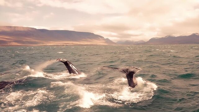 Majestic humpback whales breach and dive in choppy ocean waters near mountains