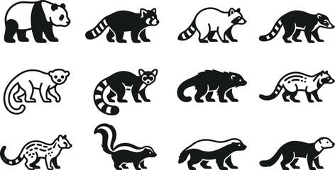 Set of twelve black and white icons featuring various wild animals. © Inova
