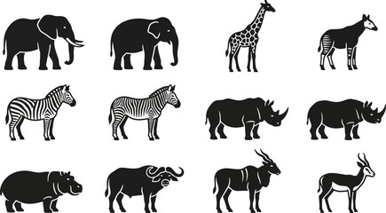 Set of African safari animal silhouettes in black and white. © Inova