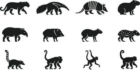 Collection of black silhouettes representing diverse wild animals and primates. © Inova