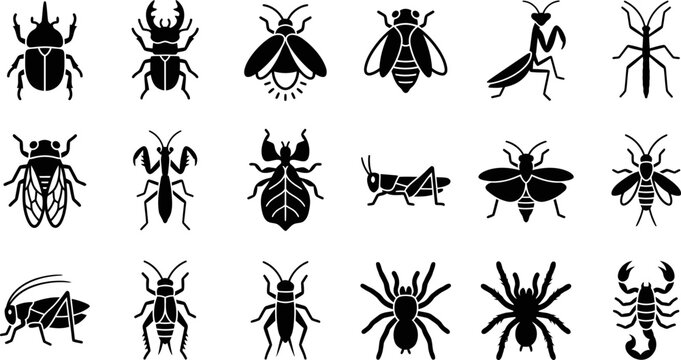 Set of black insect and arachnid icons.