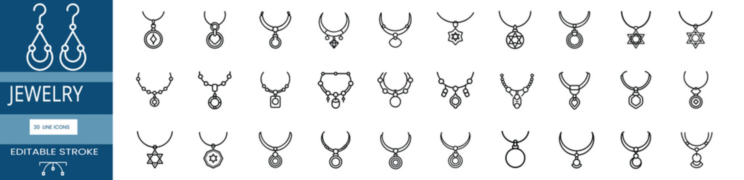 Necklace jewelry and fashion line icons set featuring luxury collar choker, crystal chain, elegant star pendant, heart amulet & more vector illustration with editable stroke.