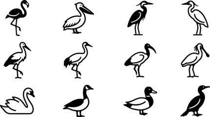 Collection of various water bird silhouettes and icons. © Inova