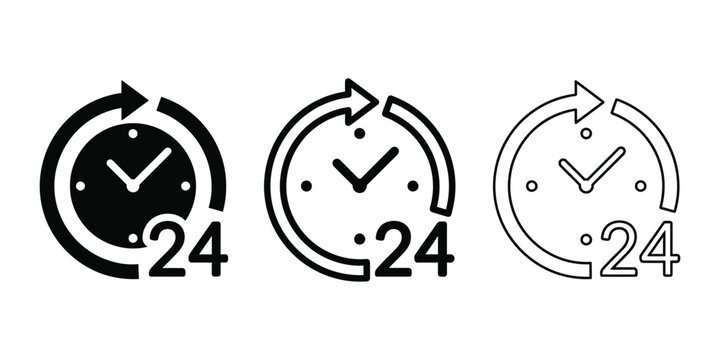 24 hours icon silhouette vector, bold outline and line art design