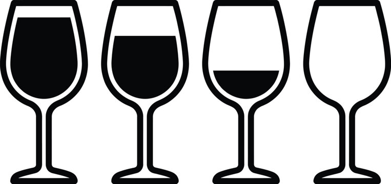 Wine glasses icons, wine glass set, black wine glasses, empty and full wine glasses