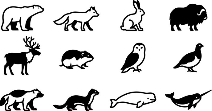 Set of black and white arctic animal icons.