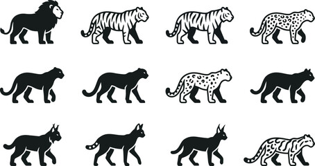 Set of wild cat animal icons and silhouettes for design. © nami8