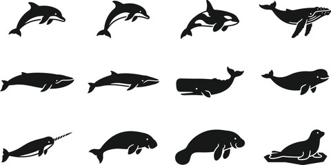 Set of silhouettes representing various marine mammals and aquatic animals. © nami8