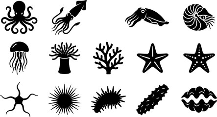 Set of sea creatures and marine life icons in black silhouette style. © nami8