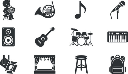 Set of Musical Instruments and Performance Equipment Vector Icons. © nami8