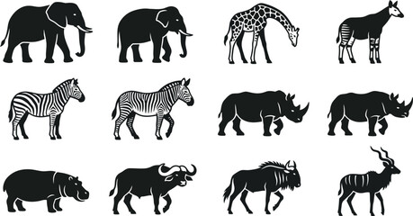 Set of silhouettes of African savannah animals and wildlife. © nami8