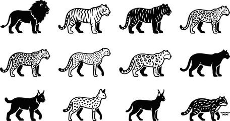 Set of wild cat silhouettes including lions tigers and leopards. © nami8