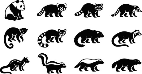 Set of monochrome silhouettes of various wild forest animals. © nami8