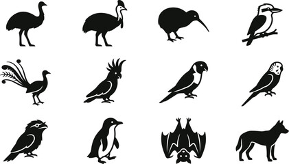 Collection of black and white Australian animal silhouettes icons. © nami8